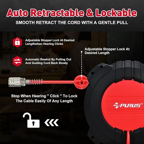 PURUS Retractable Air Hose Reel, 1/4" x 32ft, 180° Swivel Wall/Ceiling Mount, Auto Rewind, Hybrid Hose Max 10 Bar Pressure Air Compressor Hose Reel Quick Coupler for Workshop & Garage in Saudi Arabia