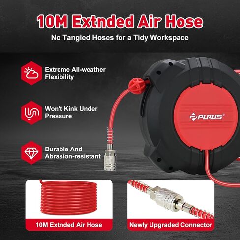PURUS Retractable Air Hose Reel, 1/4" x 32ft, 180° Swivel Wall/Ceiling Mount, Auto Rewind, Hybrid Hose Max 10 Bar Pressure Air Compressor Hose Reel Quick Coupler for Workshop & Garage in Saudi Arabia