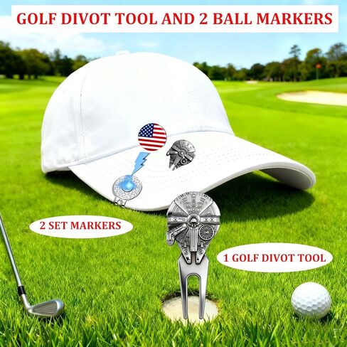 WIGERLON Golf Divot Tool and Ball Marker Set,Divot Repair Tool with Ball Marker(1pcs Divot Tool,2 Set Golf Hat Clip with Enamel Magnetic Ball Marker) in Kuwait