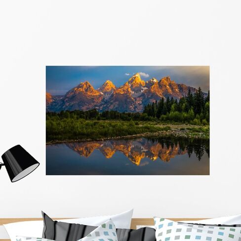 Wallmonkeys WM361196 The Dramatic Colors of The Grand Teton Mountains Reflecting in The Water on a Clear Summer Morning Wall Decal Peel and Stick Graphic (36 in W x 24 in H) in Kuwait