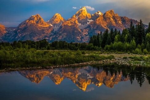 Wallmonkeys WM361196 The Dramatic Colors of The Grand Teton Mountains Reflecting in The Water on a Clear Summer Morning Wall Decal Peel and Stick Graphic (36 in W x 24 in H) in Kuwait