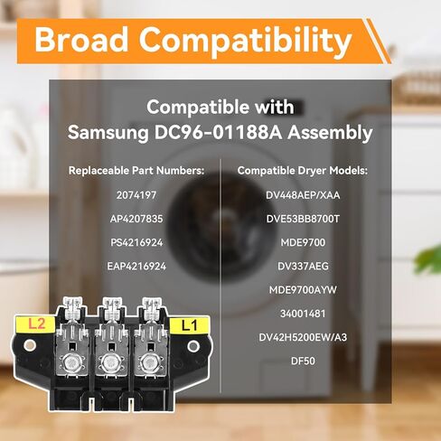 كتلة طرفية للمجفف - متوافقة مع Samsung DC96-01188A، ​​MDE9700| بديل لـ AP4207835، PS4216924، 2074197 - يناسب موديلات DV448AEP/XAA، DVE53BB8700T in Kuwait