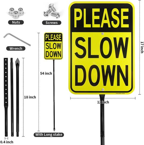Large Please Slow Down Sign with 54" Metal Stake, 17"x 12" .040 Aluminum Sign - Reflective, UV Protected and Weatherproof in Saudi Arabia