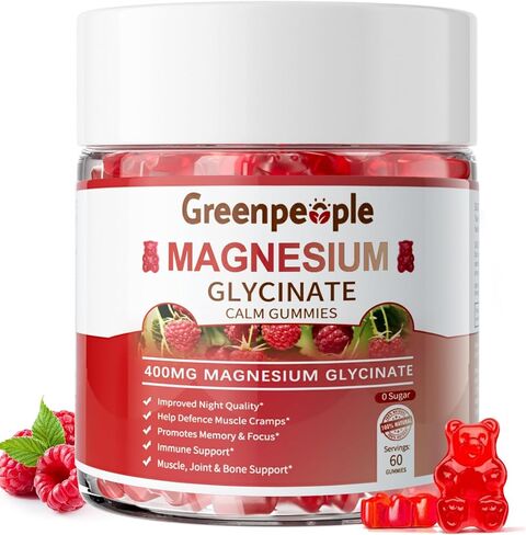 GREENPEOPLE Magnesium Glycinate Gummies 400mg - Sugar Free Magnesium Supplement with Magnesio Citrate, Vitamin D, and B6 for Calm Support & Sleep for Adults - High Absorption - Raspberry Gummies in Saudi Arabia