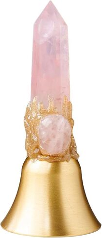 جرس نداء يدوي من النحاس الصلب بصوت عالٍ للغاية، جرس مذبح للتأمل - أداة طقوس من النحاس الصلب للصلاة، وديكور المنزل وإطعام الحيوانات الأليفة، تصميم برج كريستالي طبيعي من الكوارتز الوردي in Kuwait