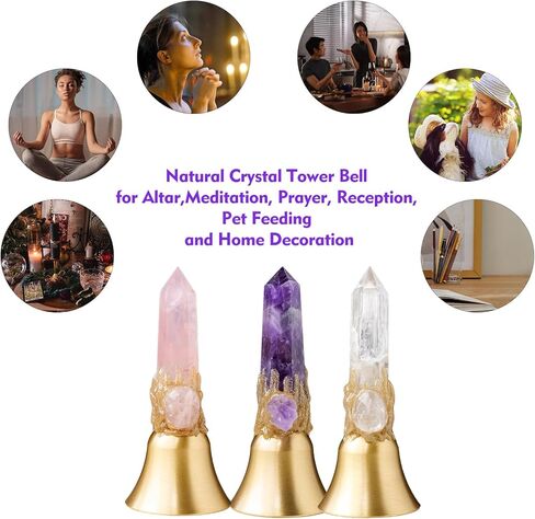 جرس نداء يدوي من النحاس الصلب بصوت عالٍ للغاية، جرس مذبح للتأمل - أداة طقوس من النحاس الصلب للصلاة، وديكور المنزل وإطعام الحيوانات الأليفة، تصميم برج كريستالي طبيعي من الكوارتز الوردي in Kuwait