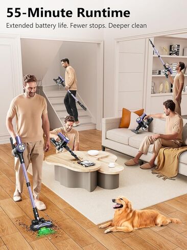 Cordless Vacuum Cleaner, 55KPa/500W Stick Vacuum with 55 Mins Runtime, Self-Standing Vacuum Cleaner for Home, LED Display, Anti-Tangle Brush, Rechargeable Vacuum for Hardwood Floor, Pet Hair (Purple) in Saudi Arabia