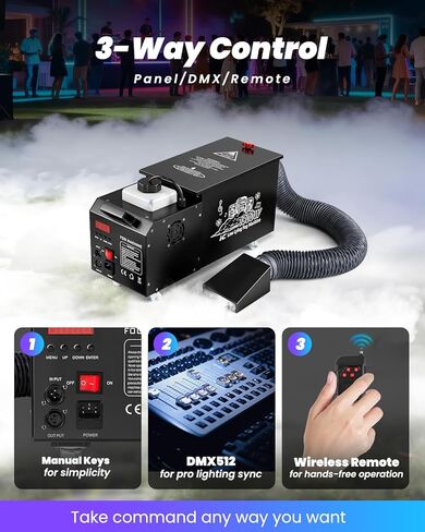 آلة ضباب منخفضة تعتمد على الماء، آلة ضباب أرضي بقدرة 1800 وات مع جهاز تحكم لاسلكي، DMX 512 وتحكم يدوي | يستبدل آلات الثلج الجاف الضخمة | حجم صغير للهالوين، وحفلات الزفاف، ومسرح دي جي، وما إلى ذلك. in Kuwait