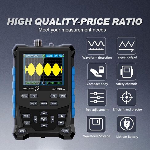 SK120MPro راسم الذبذبات المحمول/مولد إشارة DDS 2 في 1، عرض النطاق الترددي 120 ميجاهرتز، أخذ عينات 500MSa/s، شاشة ملونة 2.4 بوصة، مولد إشارة، تخزين 2500 شكل موجي، مشغل تلقائي/عادي/مفرد in Kuwait