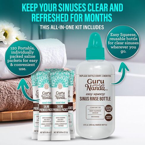 زجاجة شطف الجيوب الأنفية من جوروناندا وحزم ملحية ممزوجة مسبقًا 16 قيراط - جميع عبوات شطف الجيوب الأنفية طبيعية للمساعدة في تخفيف الحساسية والاحتقان، 0.08 أونصة لكل منها in Kuwait