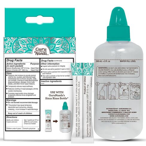 زجاجة شطف الجيوب الأنفية من جوروناندا وحزم ملحية ممزوجة مسبقًا 16 قيراط - جميع عبوات شطف الجيوب الأنفية طبيعية للمساعدة في تخفيف الحساسية والاحتقان، 0.08 أونصة لكل منها in Kuwait