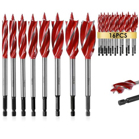 8Pcs Wood Auger Drill Bit Set High-Carbon Steel 4 Flute Cut Drilling Bit Kit, 25/64", 15/32", 35/64", 5/8", 45/64", 25/32", 55/64", 63/64" Inch Size with 1/4" Quick Change Hex Shank in Kuwait