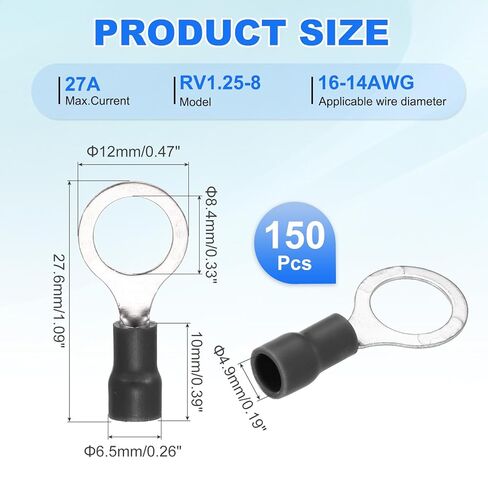 MECCANIXITY 150Pcs Insulated Ring Terminal RV2-8 Battery Lugs 16-14AWG Electrical Crimp Terminals Eyelet Wire Connectors for Industrial, Electrical Wiring, Black in Saudi Arabia