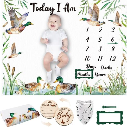 Mallard Duck Monthly Milestone Banket for Baby Boy Flannel Newborn Infant Movant Proghography Background Background with Baby Birth Frames ، Felt Prames ، Bibs in Kuwait