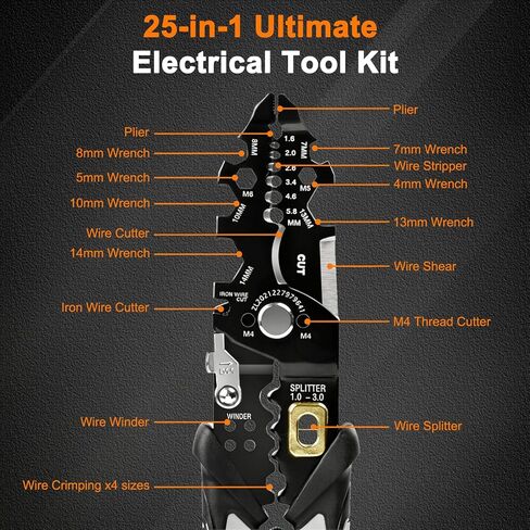 قشارة أسلاك متعددة الوظائف 25 في 1 - أداة تعرية أسلاك احترافية لقطع العقص، متوافقة مع أسلاك 16 AWG إلى 6 AWG - أدوات تعرية أسلاك كهربائية متعددة الاستخدامات للاستخدام الصناعي والمنزلي in Kuwait