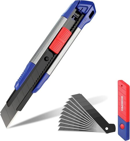 WORKPRO 18mm Retractable Utility Knife, Heavy Duty Snap-off Box Cutter with 10-Piece SK5 Blades for Cartons, Cardboard and Boxes, Perfect for Office and Home Use in Kuwait