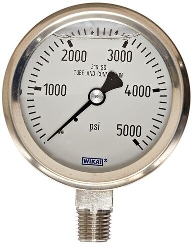 مقياس الضغط الصناعي WIKA 9833476، قابل لإعادة الملء، أجزاء مبللة من الفولاذ المقاوم للصدأ 316L، قرص 2-1/2 بوصة، نطاق 0-5000 رطل لكل بوصة مربعة، دقة +/- 2/1/2%، وصلة NPT ذكر 1/4 بوصة، حامل سفلي in Kuwait