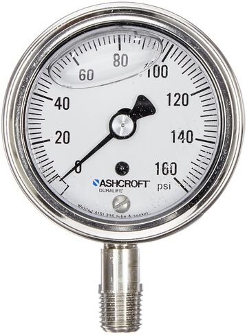 Ashcroft Duralife نوع 1009SWL مقياس ضغط مملوء بسائل الجلسرين من الفولاذ المقاوم للصدأ، وصلة سفلية 1/4 بوصة NPT، حجم قرص 2.5 بوصة، نطاق 0/160 رطل لكل بوصة مربعة in Kuwait