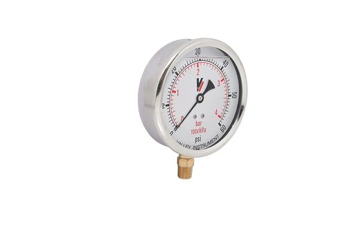 Valley Industries 40 Series 4" 60 PSI Pressure Gauge - Dual Scale, Brass Bottom Mount, Stainless Steel Case, Glycerin Filled in Kuwait