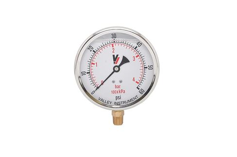 Valley Industries 40 Series 4" 60 PSI Pressure Gauge - Dual Scale, Brass Bottom Mount, Stainless Steel Case, Glycerin Filled in Kuwait