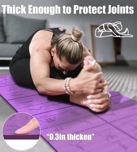 سجادة يوجا سميكة قابلة للطي مع أوضاع الوضعيات - هدايا عيد الميلاد للزوجة والفتيات، سجادة تمرين تعليمية بسمك 8 مم غير قابلة للانزلاق للتمرين المنزلي، 72 بوصة × 24 بوصة × 0.3 بوصة (بنفسجي) ﻿ in Kuwait