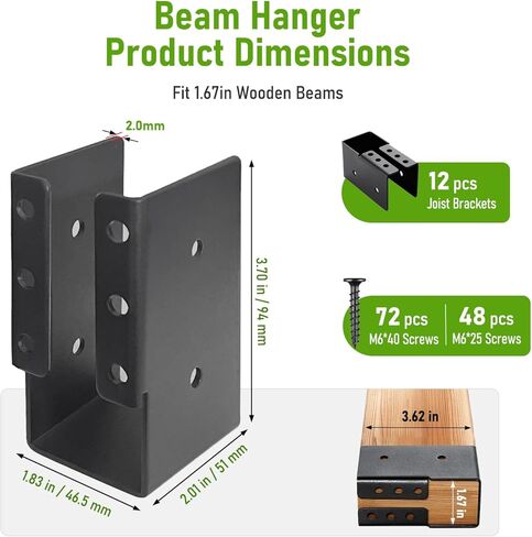 شماعات رافدة مخفية، 12 قطعة، دعامة رافدة خارجية مقاس 2 × 4 بوصة، دعامات شفة مطلية بمسحوق فولاذي Q235B مع براغي، للشعاع، والتأرجح، والدرابزين، والسياج. in Kuwait