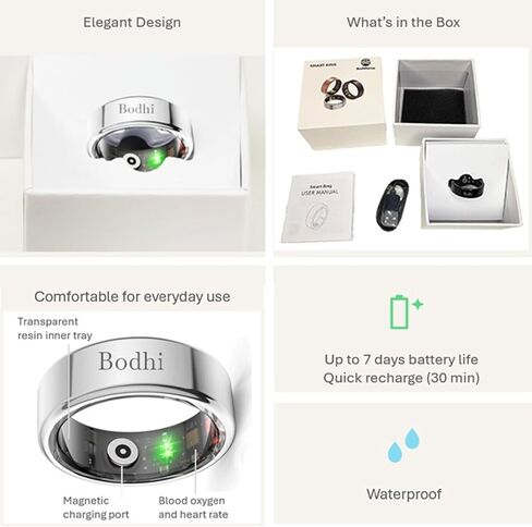 Bodhi Smart Ring – Your All-in-One Wellness Companion, Sleep/Fitness/Stress/HR/BP Tracker. App, iOS & Android Compatible (Silver, 8) in Saudi Arabia