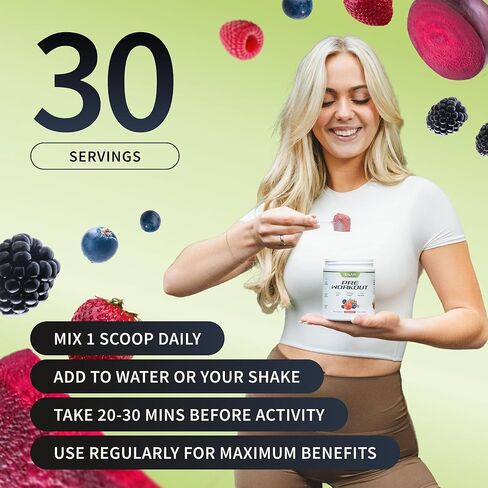مسحوق جذر البنجر قبل التمرين، مكملات أكسيد النيتريك للرجال والنساء - دعم الطاقة والدورة الدموية، 8.8 أونصة، (30 وجبة، كمية تكفي لمدة شهر)، التوت المختلط in Kuwait