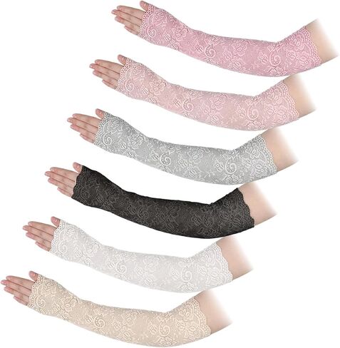 6 Pairs Lace Long Fingerless Gloves, Black Fingerless Gloves Women, Elastic Lace Elbow Length Glove, for Daily Sun Protection, Outdoor Sports, Parties. in Saudi Arabia