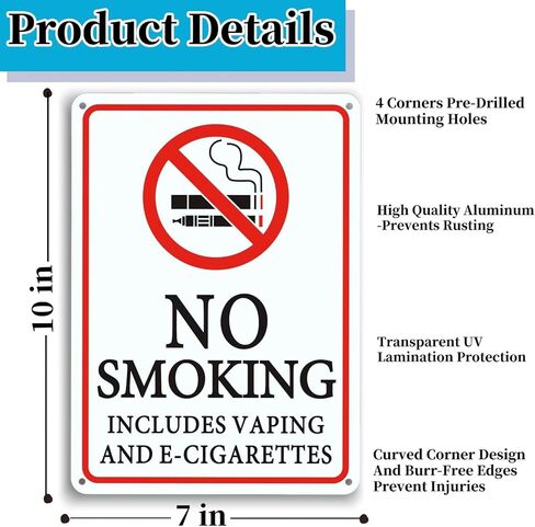 4 عبوات ممنوع التدخين ممنوع التدخين الإلكترونى. الحجم 10×7 بوصة. إنها علامات عاكسة من معدن الألومنيوم، سهلة التركيب، مع 4 فتحات مثقوبة مسبقًا، مناسبة للاستخدام الداخلي والخارجي. in Kuwait