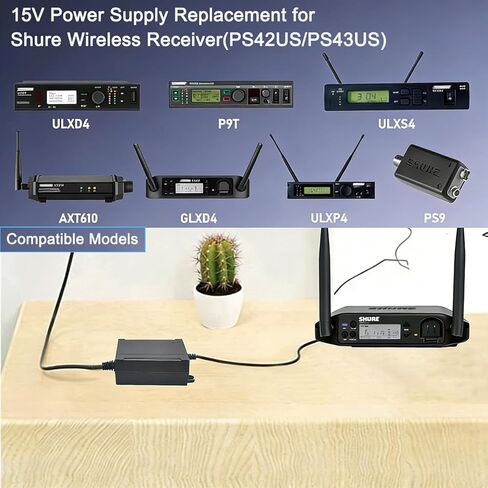 15V AC Adapter Compatible with Shure PS43US in-Line Power Supply Replacement for Shure GLX4 & ULX4 GLXD4 ULXS4 ULXP4 ULXD4 P9T PS9 SBC-DC AXT610 Wireless Receivers Power Cord in Saudi Arabia