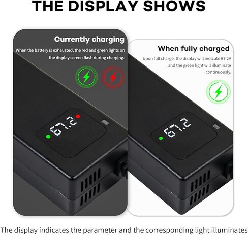 شاحن بطارية ليثيوم 67.2 فولت 2 أمبير، مناسب للشحن السريع لبطارية ليثيوم 16 ثانية 60 فولت، مزود بقابس موصل GX16-3، مع شاشة عرض وأضواء مؤشر LED in Kuwait
