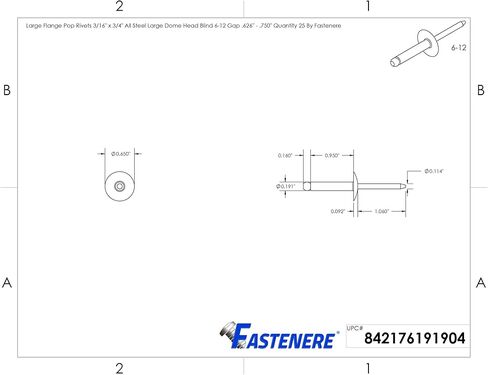 مسامير تثبيت ذات شفة كبيرة من Fastenere - 3/16 بوصة × 3/4 بوصة (25 قطعة) شديدة التحمل، نهاية مفتوحة، زنك فولاذي، مقاومة للتآكل، قوة شد عالية وقص، 6-12 فجوة .626 بوصة - .750 بوصة in Saudi Arabia