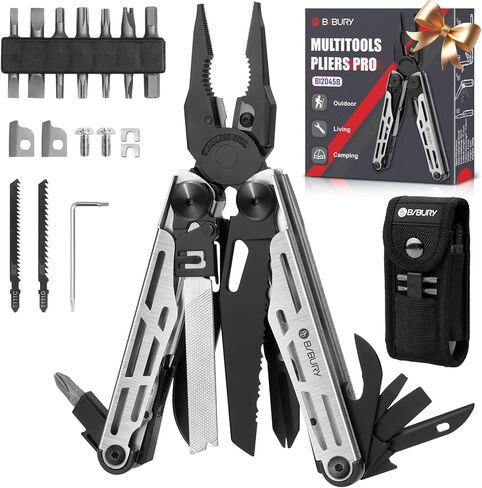 Gifts for Men, BIBURY Multitool Pliers Pro with Replaceable Wire Cutters and Saw, Stainless Steel Multi Tool w/Upgraded Scissors and Screwdriver Set, Multipurpose Tool for Camping, Survival (Black) in Kuwait