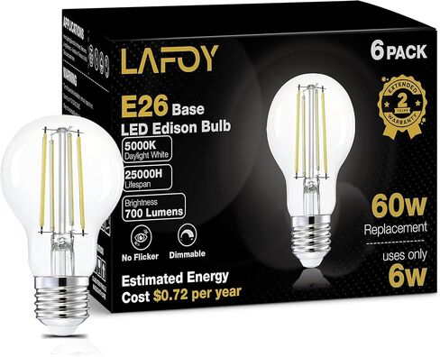 مصابيح Lafoy A19 E26 العنبر 2200K ناعمة دافئة، مصابيح LED عتيقة اديسون 60 وات مكافئة، استبدال الطراز القديم القابل للتعتيم 60 وات، 550 لومن مصابيح إضاءة متوسطة القاعدة، 120 فولت 6 عبوات in Saudi Arabia