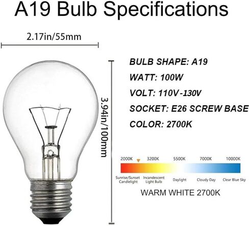لمبة الإضاءة المتوهجة الواضحة A19، مصابيح الإضاءة المتوهجة 100 واط، مصابيح A19 100 واط، 2700 كلفن أبيض ناعم، قاعدة متوسطة E26، 110-130 فولت (6 عبوات) in Kuwait