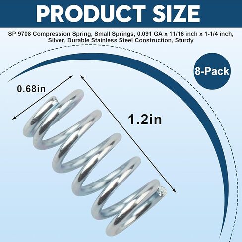 9708 Compression Spring, Small Springs, 0.091 GA x 11/16 inch x 1-1/4 inch, Silver, Durable Stainless Steel Construction, Sturdy, 8-Pack in Kuwait