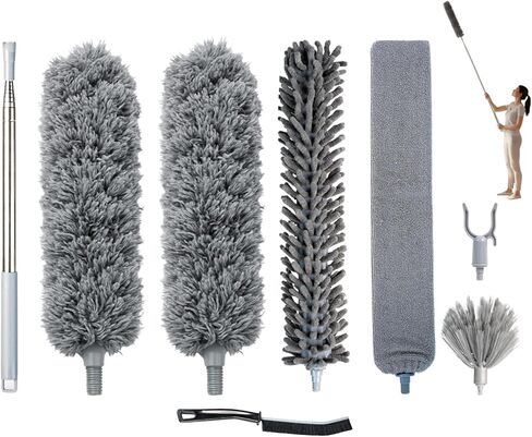 Microfiber Feather Duster with Extension Pole 100 Inches, (8 PCS), Cleaning Brush, Dusters for Cleaning High Ceilings, Cobwebs, Blinds, Cars, Reusable, Washable, Extendable, Ceiling Fan Cleaner Duster in Kuwait