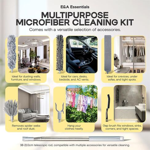 Microfiber Feather Duster with Extension Pole 100 Inches, (8 PCS), Cleaning Brush, Dusters for Cleaning High Ceilings, Cobwebs, Blinds, Cars, Reusable, Washable, Extendable, Ceiling Fan Cleaner Duster in Kuwait