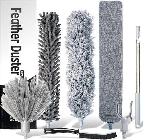 Microfiber Feather Duster with Extension Pole 100 Inches, (8 PCS), Cleaning Brush, Dusters for Cleaning High Ceilings, Cobwebs, Blinds, Cars, Reusable, Washable, Extendable, Ceiling Fan Cleaner Duster in Kuwait