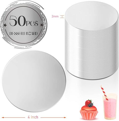 Sawysine Cake Boards Round 4 Inch 50 Pieces Mini Pastry Circle Base Boards Disposable Cardboard Cake Plate Round Coated Cakeboard for Kitchen Baking Caking Pizza Dessert Cupcake Tray (Silver) in Saudi Arabia
