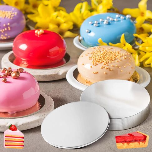Sawysine Cake Boards Round 4 Inch 50 Pieces Mini Pastry Circle Base Boards Disposable Cardboard Cake Plate Round Coated Cakeboard for Kitchen Baking Caking Pizza Dessert Cupcake Tray (Silver) in Saudi Arabia
