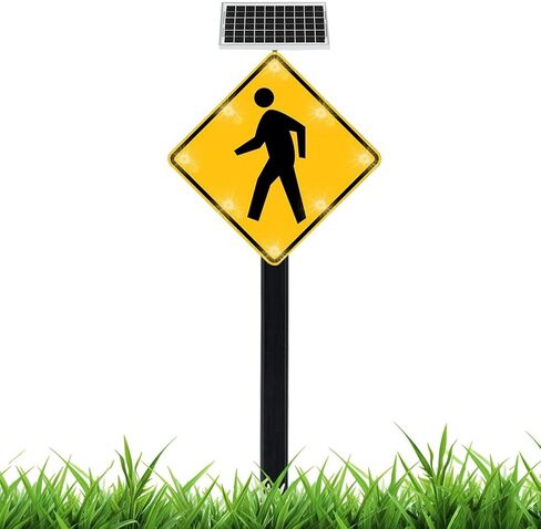 Solar Powered Flashing LED Pedestrian Crossing Sign, 24" Aluminum Pedestrian Road Warning Signs Traffic, Engineer Grade Reflective Material(A,61cm/24in) in Saudi Arabia