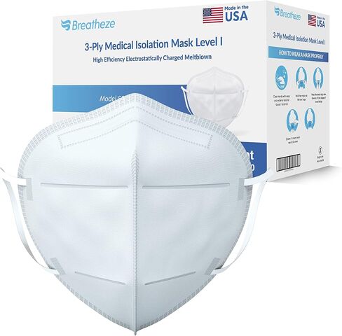 قناع الوجه المعزول الطبي من 3 طبقات مصنوع في الولايات المتحدة الأمريكية، المستوى 1، مقاوم للسوائل ومسجل لدى إدارة الغذاء والدواء الأمريكية، غطاء واقٍ للوجه للاستعمال مرة واحدة مع سلك أنف مزدوج وحلقات للأذن، صندوق قابل للتنفس مكون من 50 قطعة (5 عبوات من 10 in Kuwait