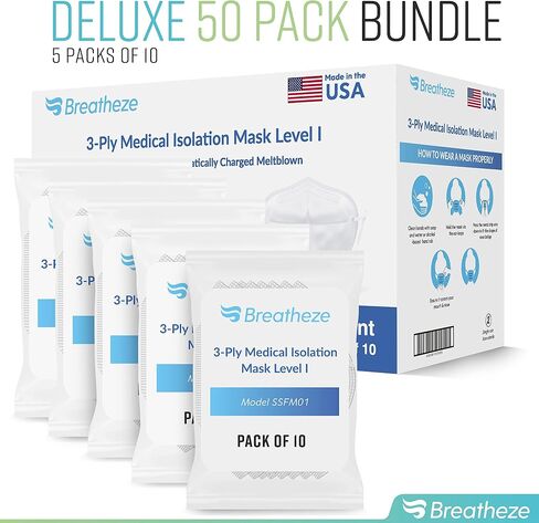 قناع الوجه المعزول الطبي من 3 طبقات مصنوع في الولايات المتحدة الأمريكية، المستوى 1، مقاوم للسوائل ومسجل لدى إدارة الغذاء والدواء الأمريكية، غطاء واقٍ للوجه للاستعمال مرة واحدة مع سلك أنف مزدوج وحلقات للأذن، صندوق قابل للتنفس مكون من 50 قطعة (5 عبوات من 10 in Kuwait