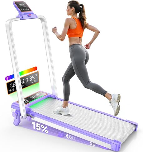 وسادة مشي قابلة للطي مع ميل بنسبة 15%/إضاءة RGB/شاشة عرض مزدوجة، جهاز مشي بقوة 3.5 حصان للمنزل، جهاز مشي محمول مع شريط مقبض و4 انحناءات قابلة للتعديل، سعة 350 رطل، تطبيق ذكي in Kuwait