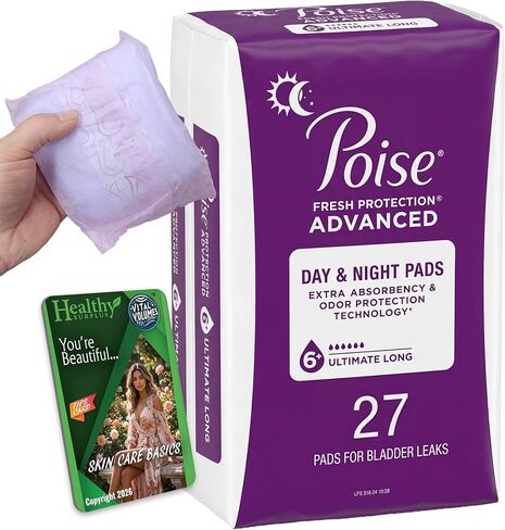 Poise 27 Day & Night Pads for Bladder Leaks - 6 Plus Drops - Ultimate 14 in. Long - Incontinence and Vital Volumes Tips Card in Saudi Arabia