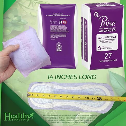 Poise 27 Day & Night Pads for Bladder Leaks - 6 Plus Drops - Ultimate 14 in. Long - Incontinence and Vital Volumes Tips Card in Saudi Arabia