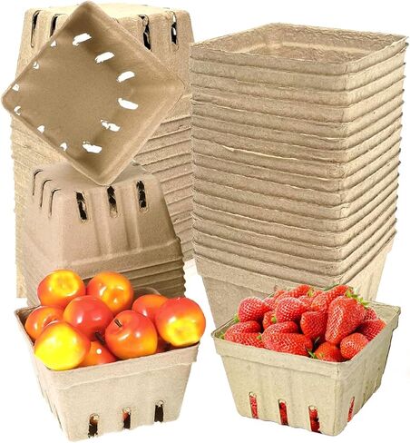 50 Pack Natural Pulp Fiber Berry Baskets with Blank Label for Vegetables Strawberry Blueberry Raspberry Egg, Farmer Market Produce Basket Containers Grocery Store Supplies Fruit Stand Supplies in Saudi Arabia