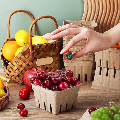 50 Pack Natural Pulp Fiber Berry Baskets with Blank Label for Vegetables Strawberry Blueberry Raspberry Egg, Farmer Market Produce Basket Containers Grocery Store Supplies Fruit Stand Supplies in Saudi Arabia